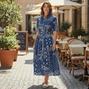 Dizzy Lizzie Women's Fit and Flare Shirt Dress Blue Bandana Size S Cotton Light